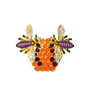 Purple Bee Brooch with Orange Honeycomb in Gold Tone
